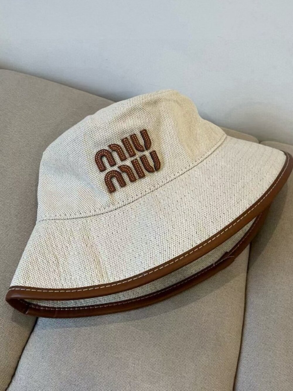 Miu Miu Beige Bucket Hat Brown Logo Embellished Trim